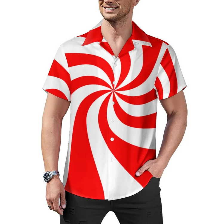 Sweet Red And White Peppermint Candy Swirl Round Men's Retro Bowling Shirts Rockabilly Style Button Down Cuban Camp Shirt - Heather Prints Shirts