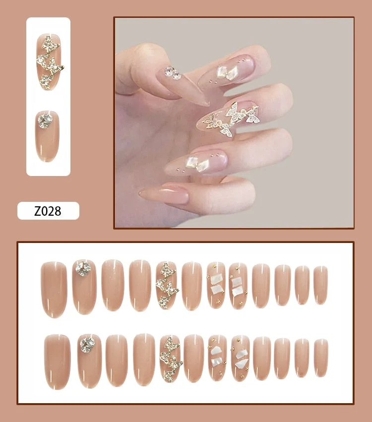 24pcs Stereoscopic Butterfly Light Luxury Elegant Nude Lady Style Removable Nail False Nail Manicure Tool-Nail Inspo