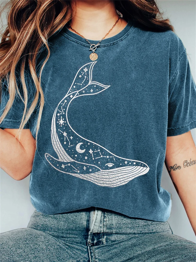 Celestial Whale Graphic Vintage Washed T Shirt