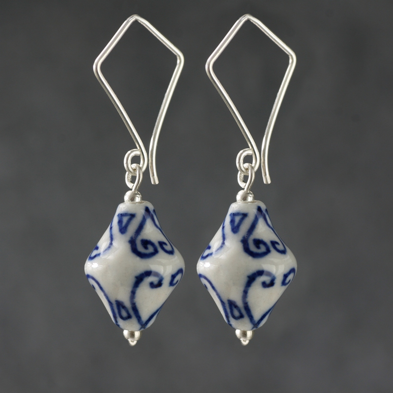 Blue and White Porcelain Rhombic Silver Earrings Elegant Chinese Style Creativity Eardrops Jewelry