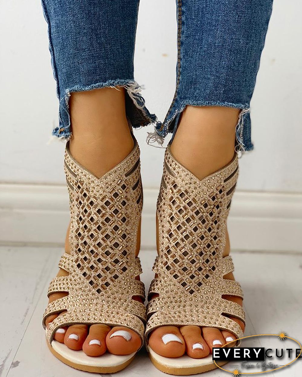Studded Hollow Out Flat Sandals