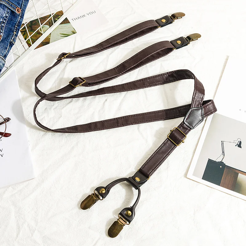 Retro Pu Leather Men's Four Clips Non-slip Y-shaped Suspenders
