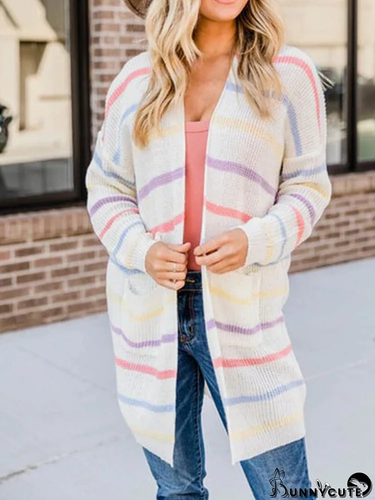 Women's Loose Colorful Striped Cardigan Sweaters with Pocket