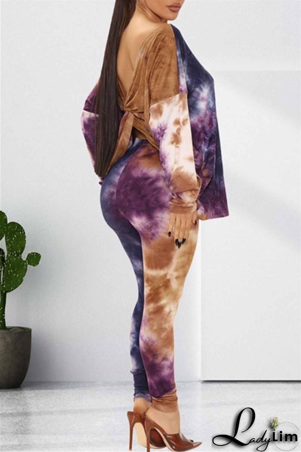 Light Coffee Fashion Casual Print Tie Dye Backless O Neck Long Sleeve Two Pieces