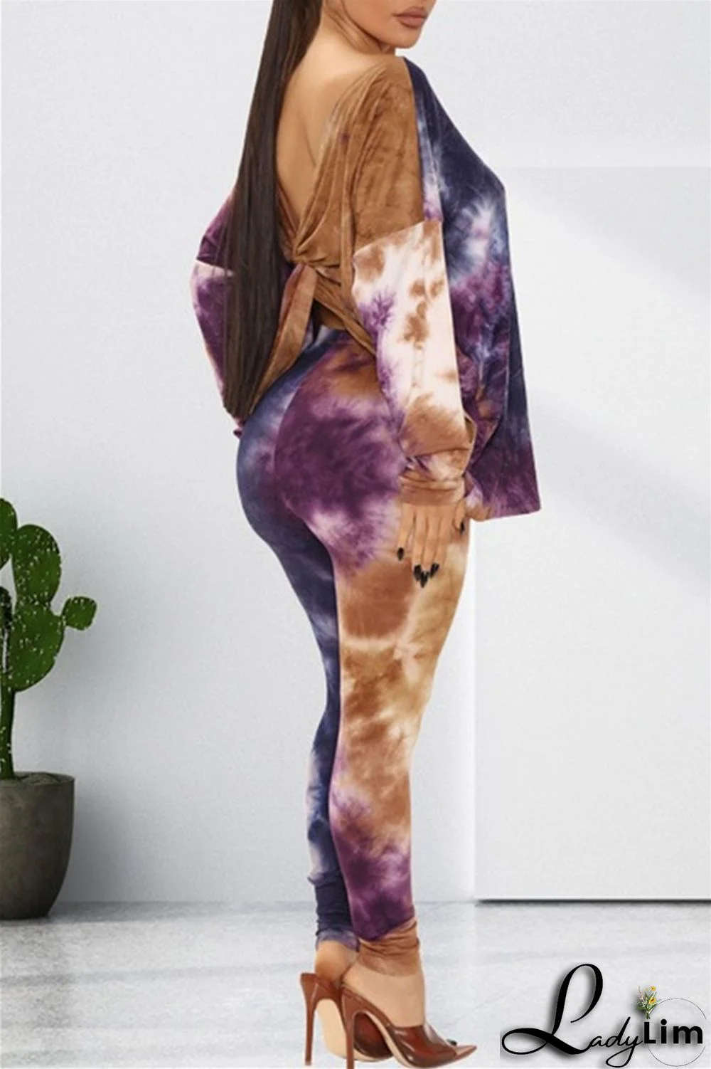 Light Coffee Fashion Casual Print Tie Dye Backless O Neck Long Sleeve Two Pieces