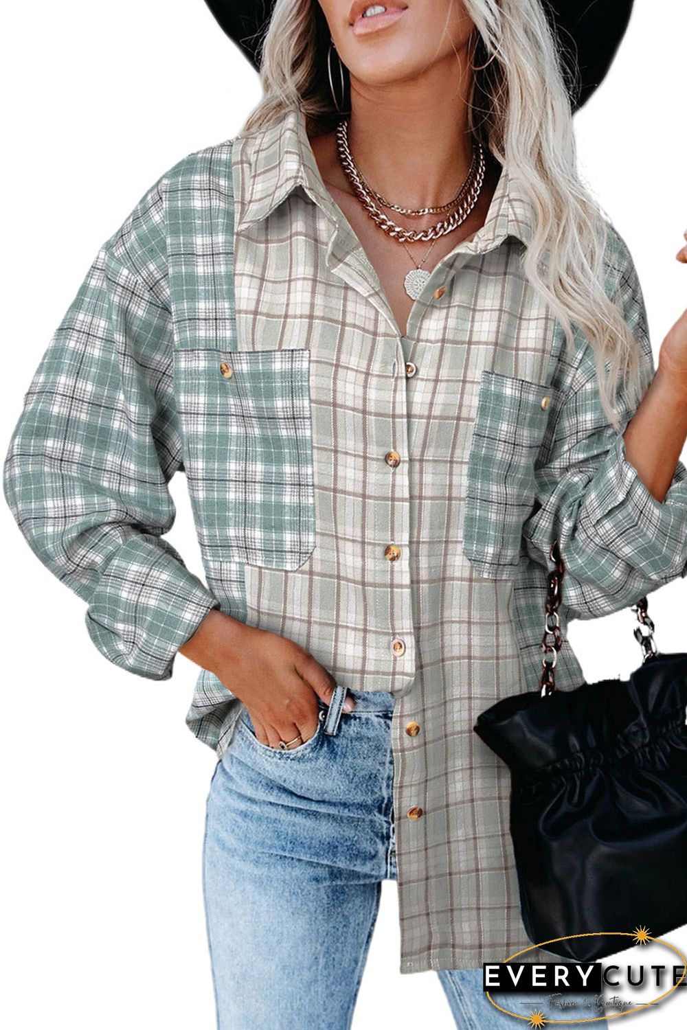 Green Plaid Color Block Pocket Button-up Long Sleeve Shirt