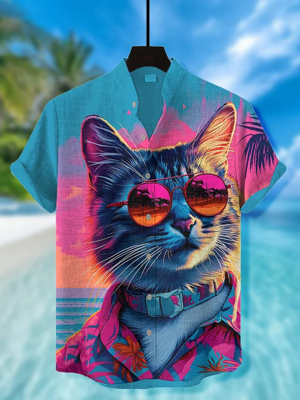 Men's Holiday Sunglasses Cat Retro Art Print Casual Shirt