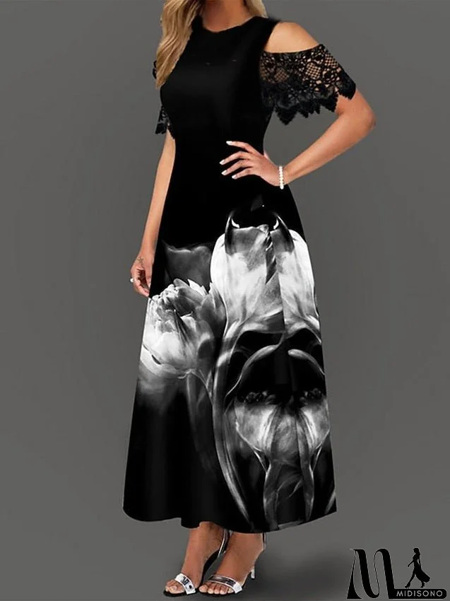 Work Dress Lace Dress Semi Formal Dress Fashion Midi Dress Lace Pocket Crew Neck Short Sleeve Floral Regular Fit Black Apricot Summer Spring S M L XL XXL for Women