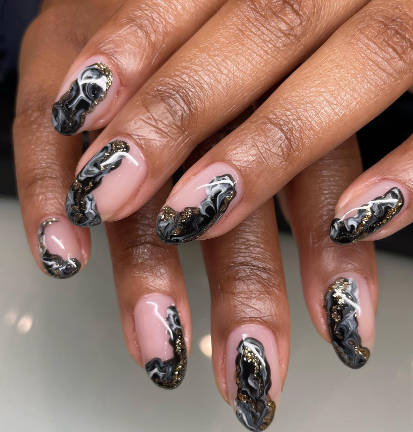 Buy Black Marble-gold Flakes-white Marble Nails-fake Nails Styled in Long  Ballerina Online in India - Etsy