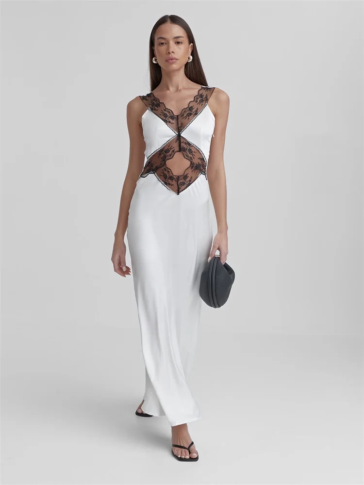 Ootddress Lace Backless Hollow Out Maxi Dress For Women Patchwork Printed Fashion High Waist Elegant Party Dress Female Long Dress