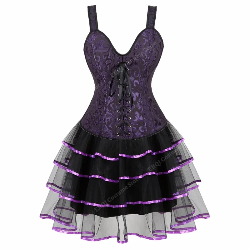 Billionm Women's Victorian showgirl Gothic Corset Vest with Bubble Skirt Renaissance Brocade Lace Up Strap Purple Corset Top Dress Set