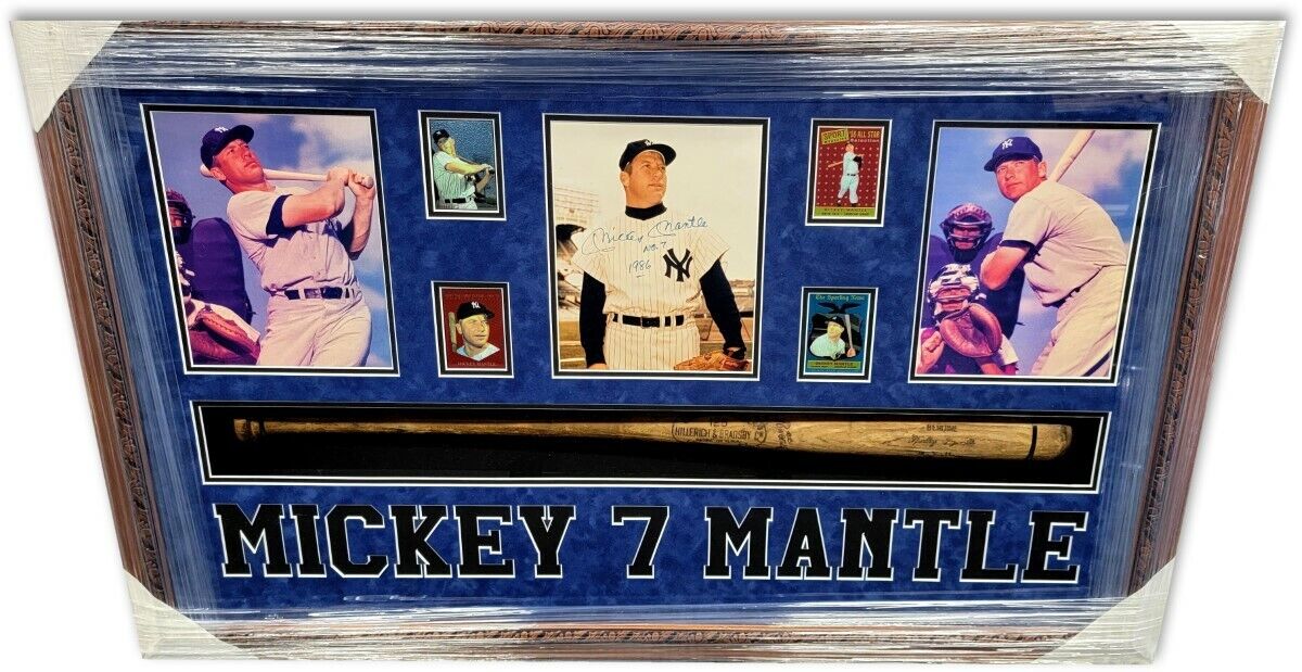 Mickey Mantle Signed Autographed Framed Photo Poster painting Bat Collage NY Yankees PSA