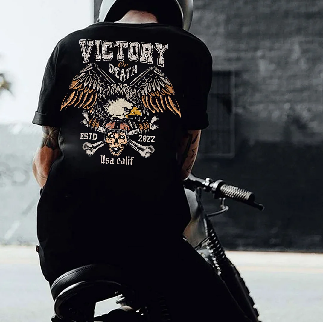 VICTORY Skull and Eagle Black Print T-Shirt