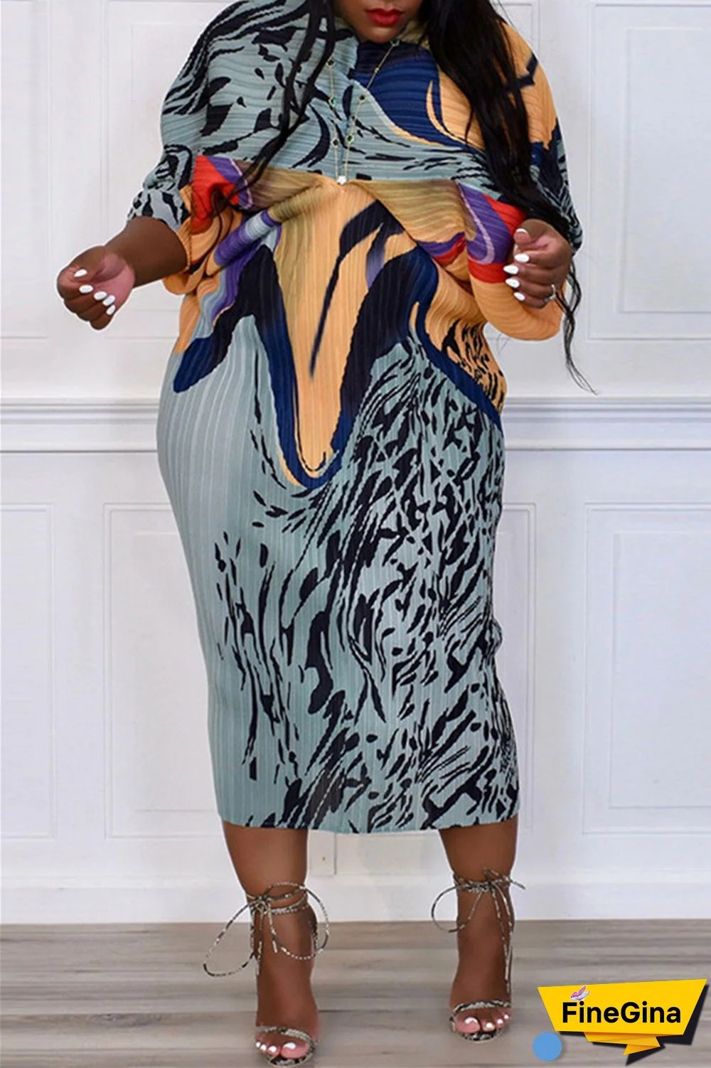 Pink Purple Casual Print Patchwork V Neck Pencil Skirt Plus Size Dresses