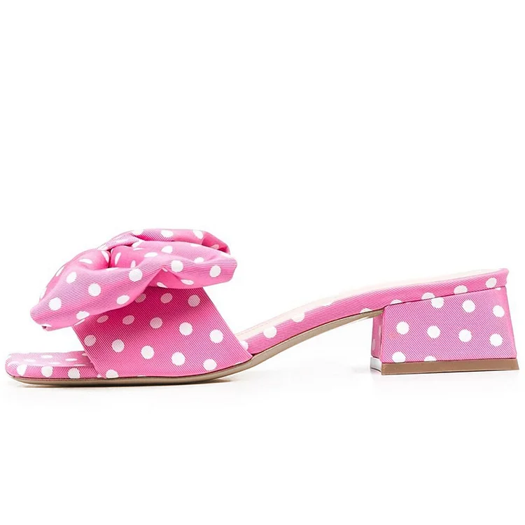 Elegant Pink Polka Dot Square Toe Block Heels Bow Mules for Women |FSJ Shoes