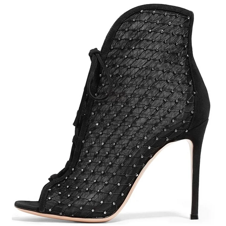 Black Lace Up Rhinestones Nets Stiletto Heel Peep Toe Booties |FSJ Shoes