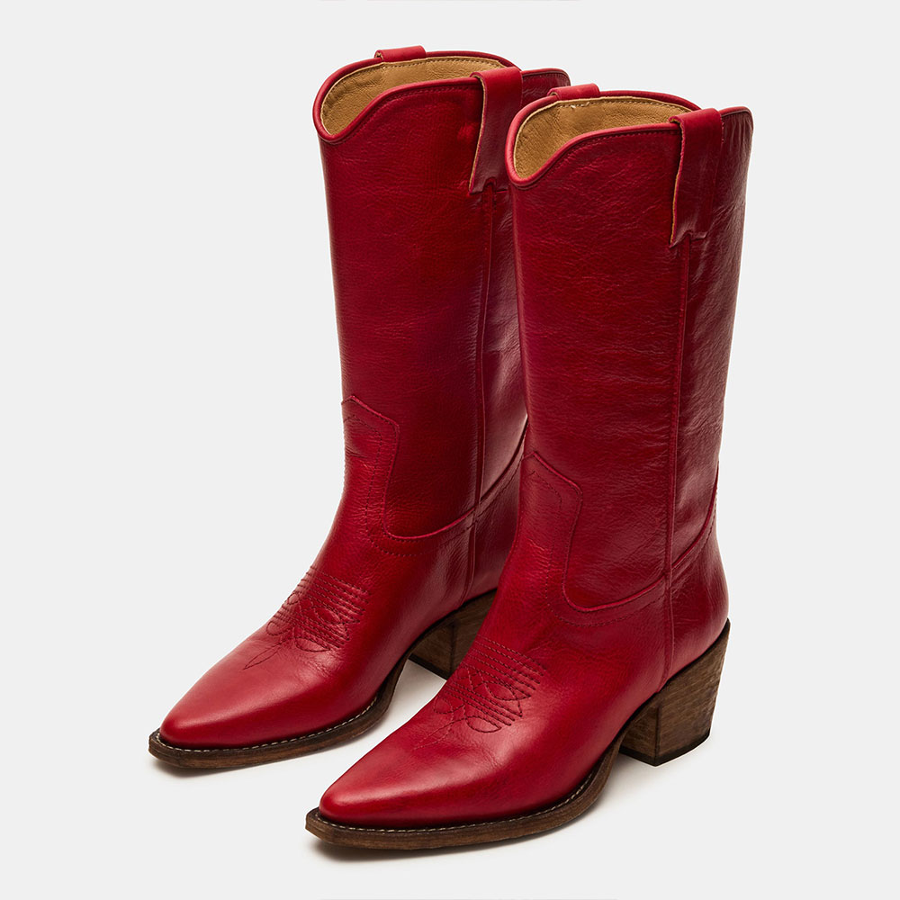 Women's Block Heel Pointed Toe Mid Calf Embroidered Red Cowgirl Boots Nicepairs