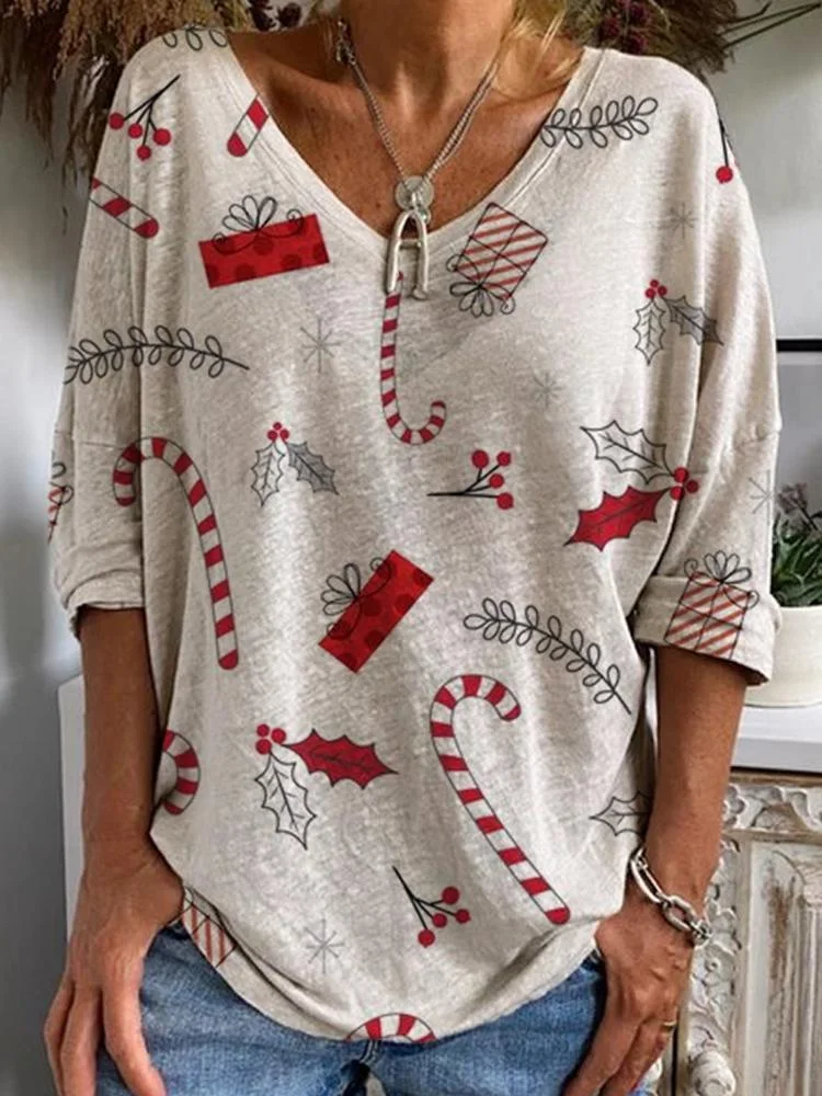 Women's Christmas Series Printed Half Sleeved V-Neck T-Shirt