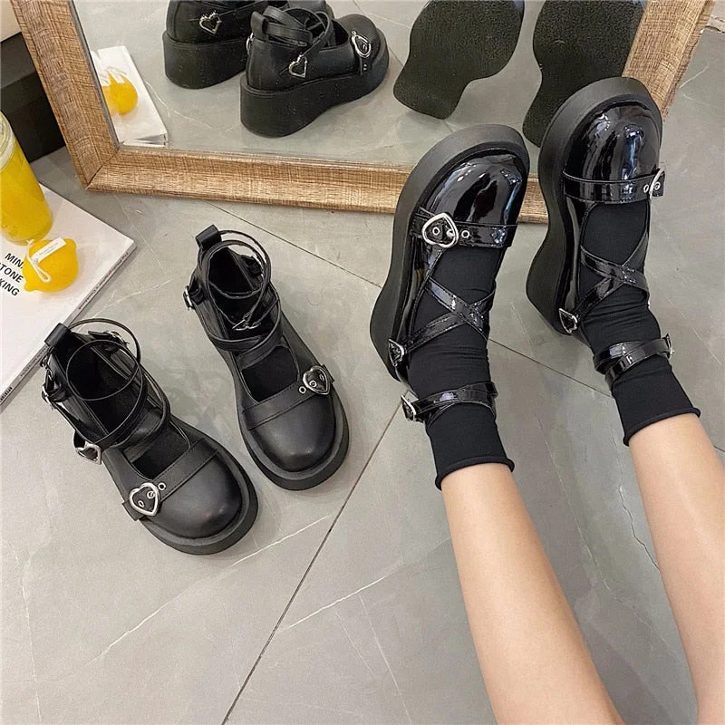 Women Shoes Sweet Lolita Shoes Platform Round Head Thick Heel Cross Bandage Kawaii Shoes Cosplay Mary Jane Shoes Heart Buckle