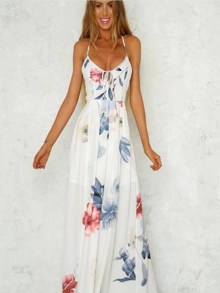 Popular Printed Suspender Dress White Dresses