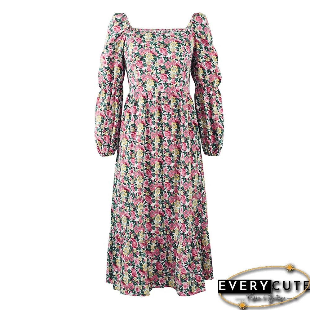 Red Square Collar Swing Floral Dress