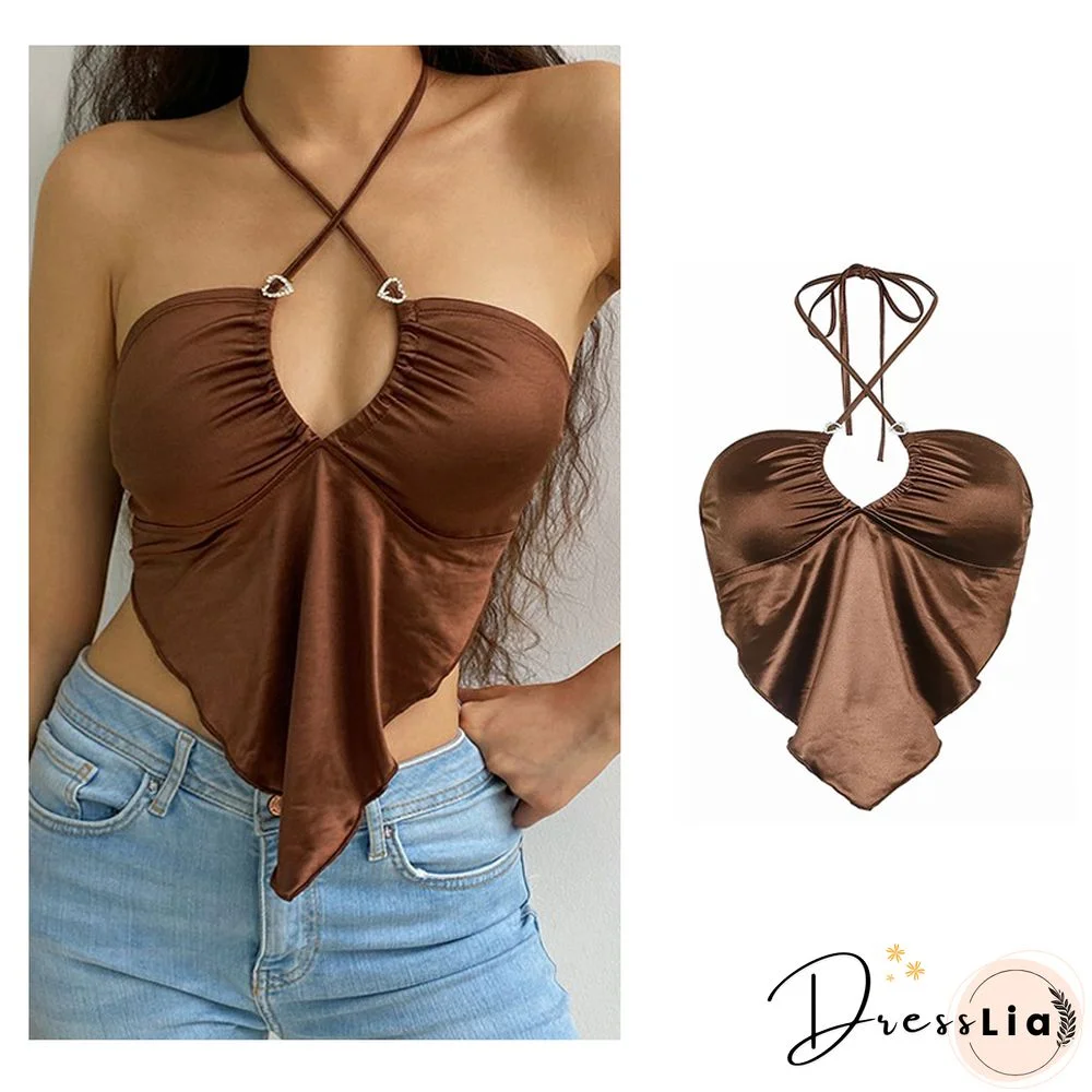 Vintage Brown Halter Camisole Hollow Out Cyber Y2K Crop Top Women Gothic Sexy Aesthetic Fairy Corset Tank Camis 90S Clothes