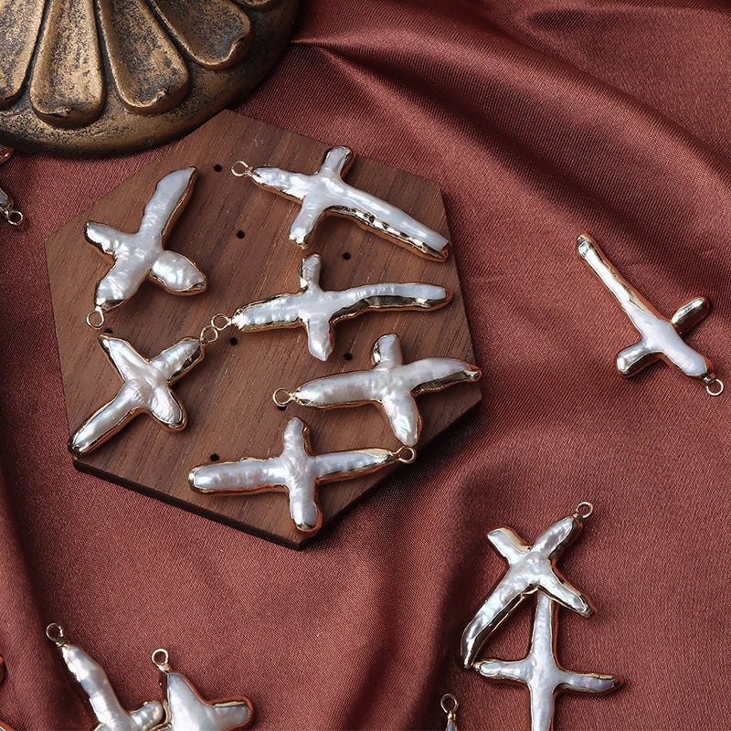 1 Piece 40mm Freshwater Pearl Copper Gold Plated Cross Jewelry Accessories Pendant