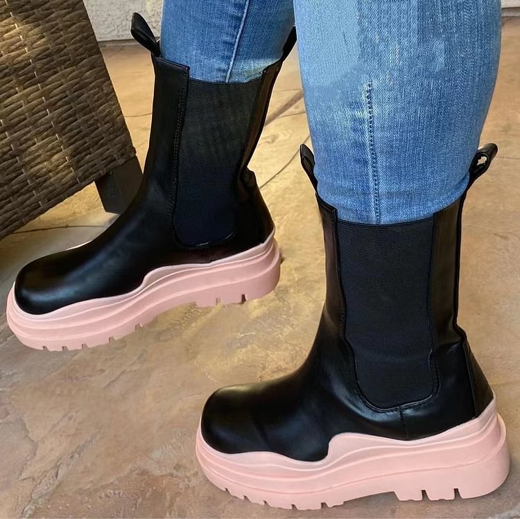 Casual Female Leather Round Head Thicked Sole Boots