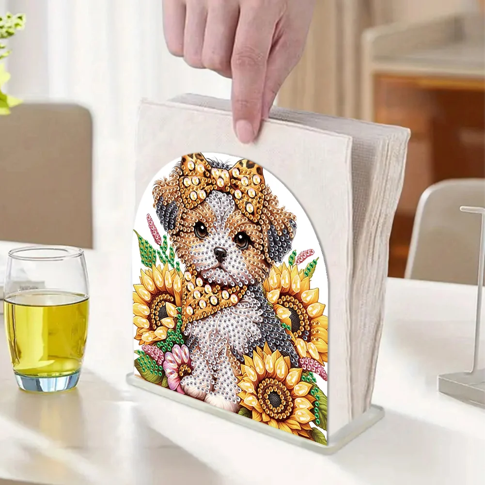 DIY Sunflower Puppy Acrylic Napkin Holder Diamond Painting Kit for Home Table Decor
