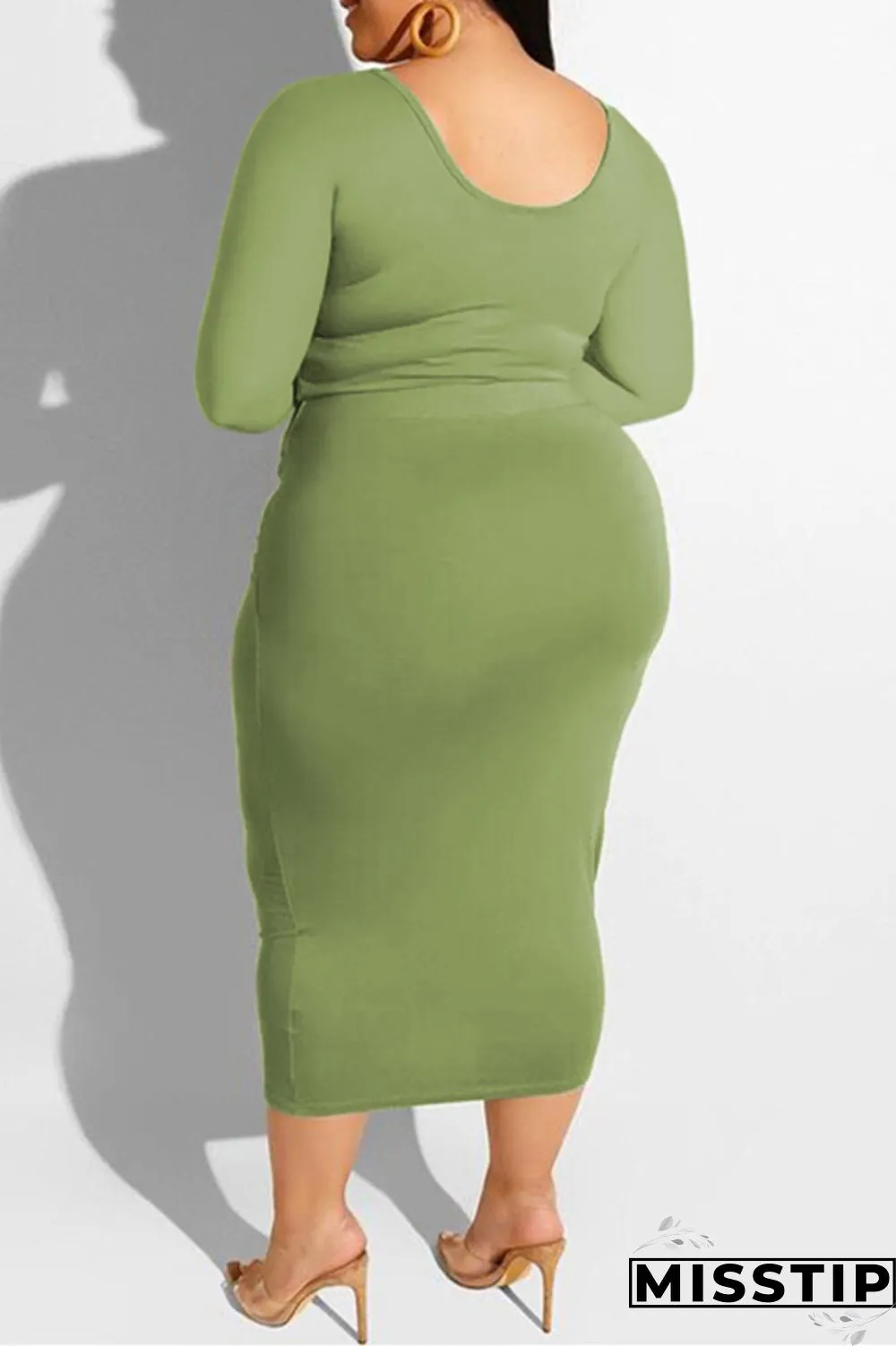 Fruit Green Fashion Casual Solid Bandage O Neck Plus Size Two Pieces