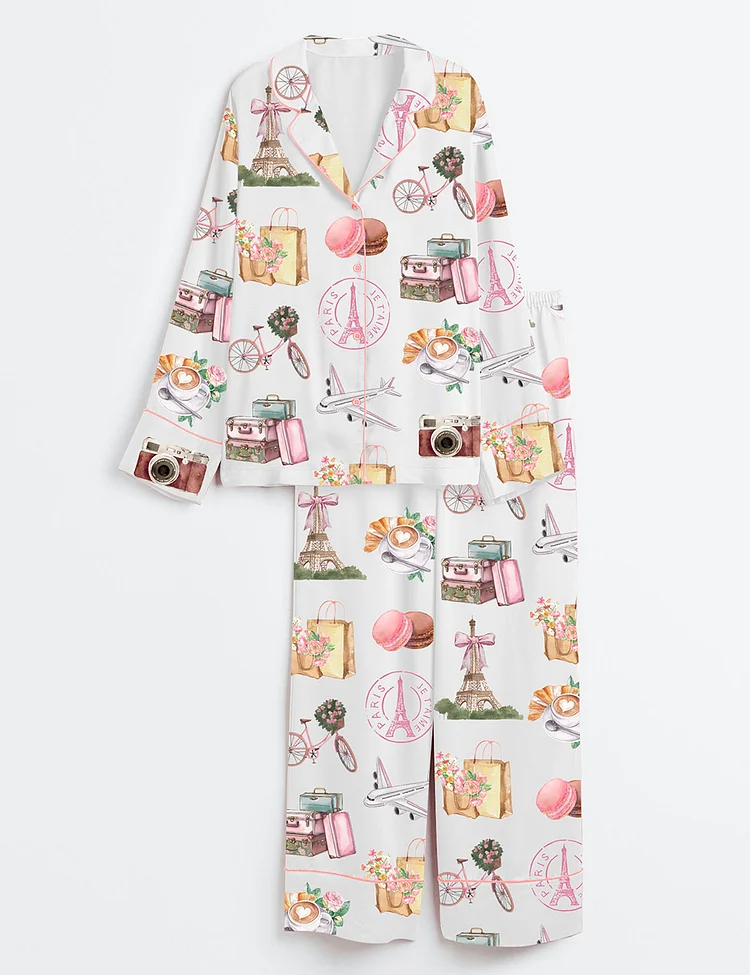 Women&rsquo;s Paris France Girls Trip Family Vacation Summer Travel Long Sleeve Satin Pajama Set