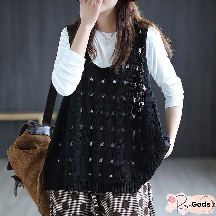 Sweater Vests Women O-Neck Hollow Out Baggy Vintage Sleeveless Jumpers Elegant Women's Vest Knitwear Comfortable Trendy