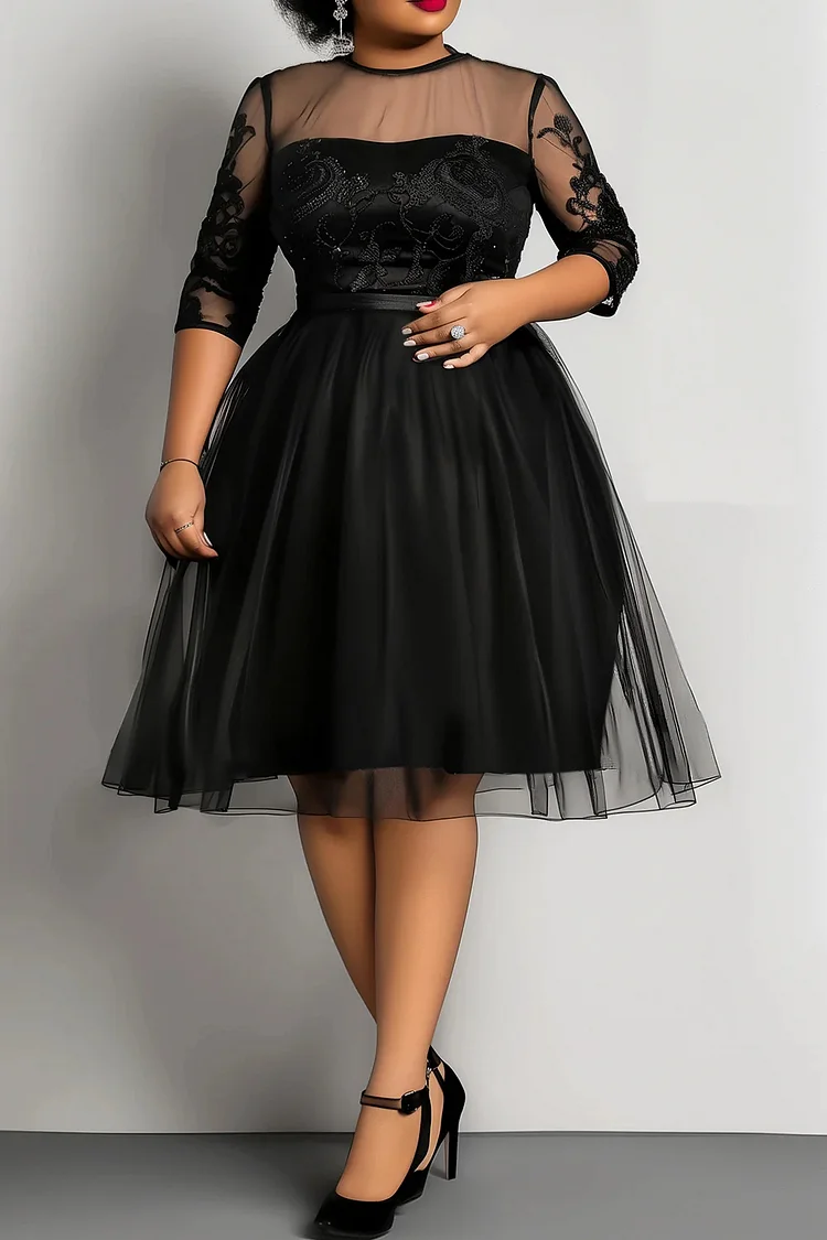Xpluswear Design Plus Size Party Black Round Neck Half Sleeve See Through Tulle Midi Dresses