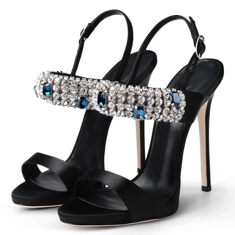Black Rhinestone Heels Satin Slingback Stiletto Heel Sandals for Prom |FSJ Shoes
