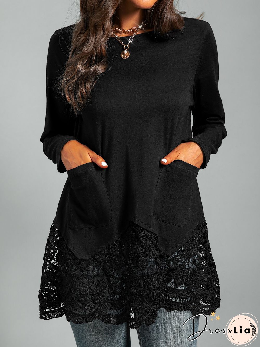 Plus size Long Sleeve Lace Casual T-shirt