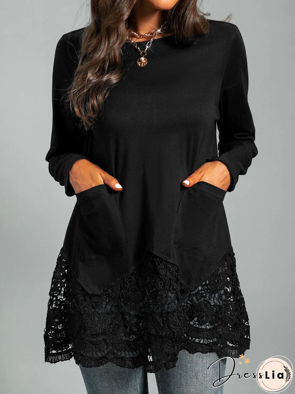 Plus size Long Sleeve Lace Casual T-shirt