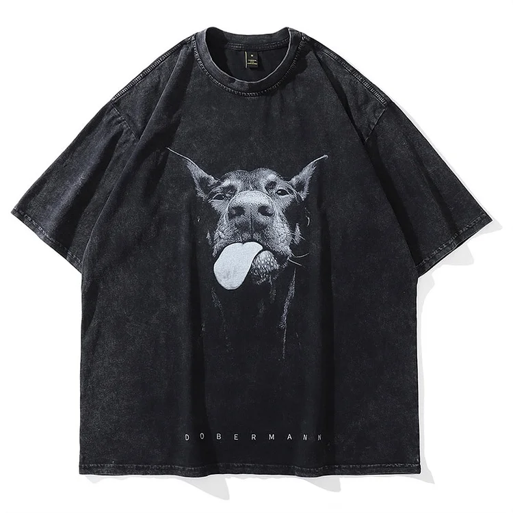 Men's Gothic Hip Hop Streetwear Doberman Dog Printed Oversized T-shirts at Hiphopee