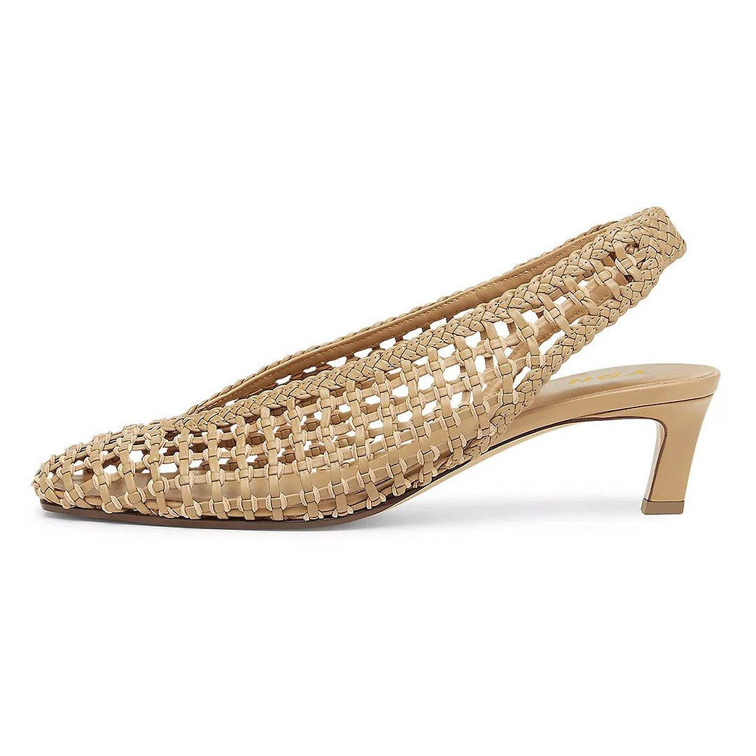Stylish Beige Faux Leather Square Toe Cut Out Woven Slingback Pumps