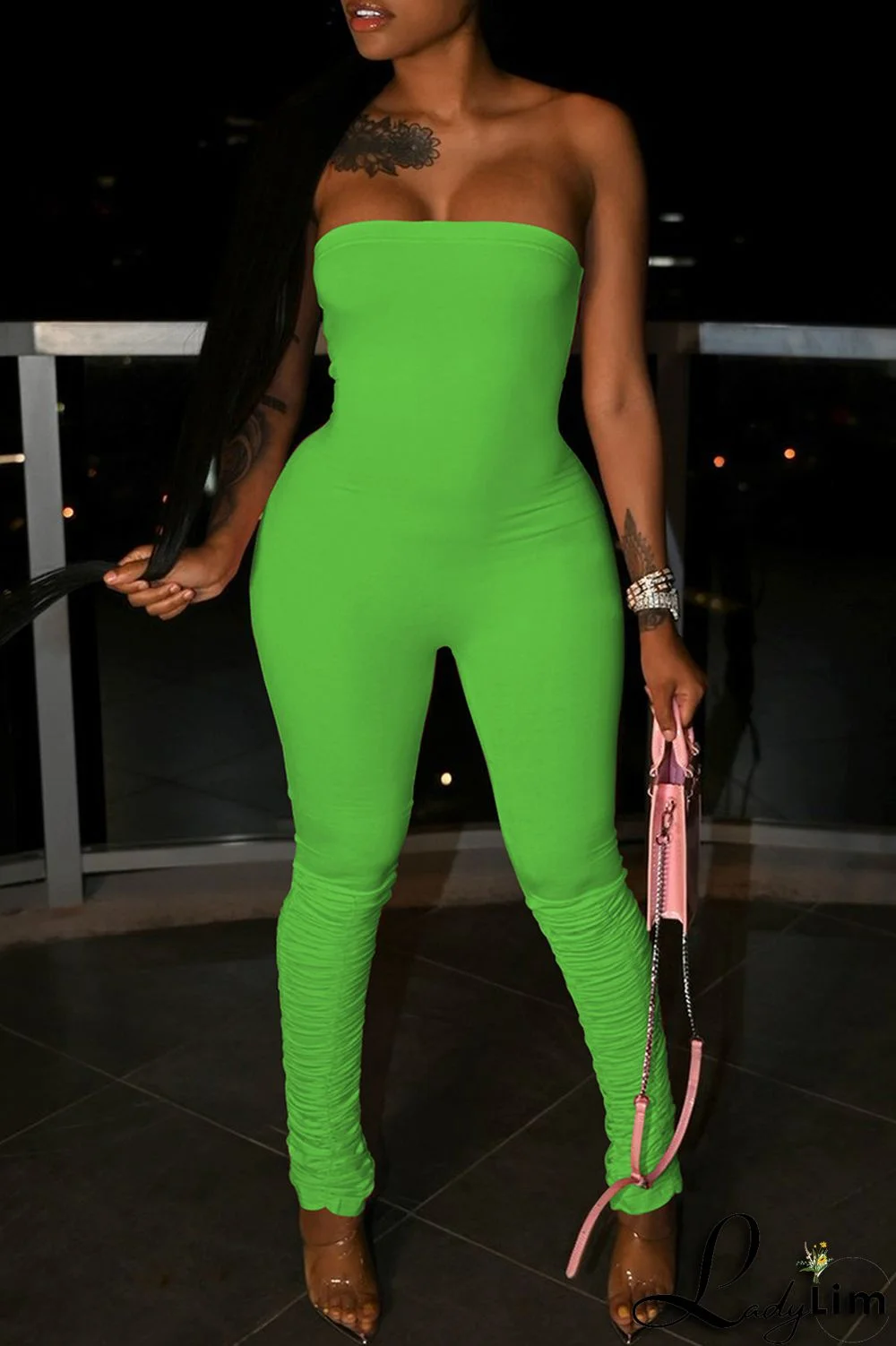 Fluorescent Green Sexy Casual Solid Backless Strapless Skinny Jumpsuits