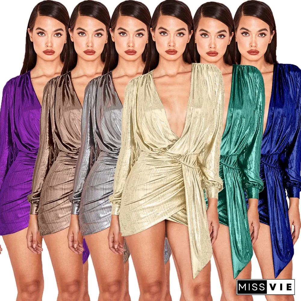 Gilding Deep V-neck Zipper Sexy Skirt Nightclub Dress