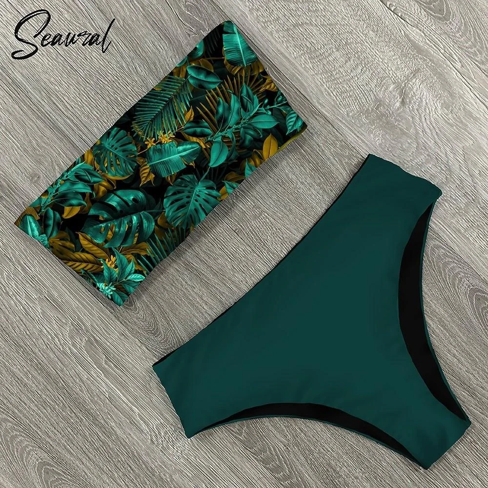 ABEBEY 2023 New  Low Hight Bikini Set Swimwear Women Bandeau Female Print Floral Strappy Swimsuit Bathing Suit Beach Wear Biquini