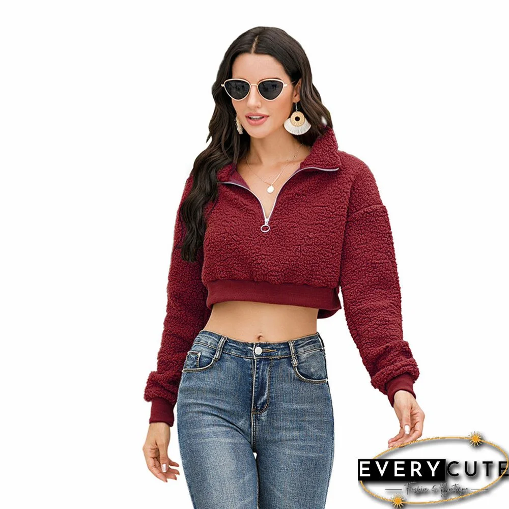 Wine Red Zip Up Crop Pullover