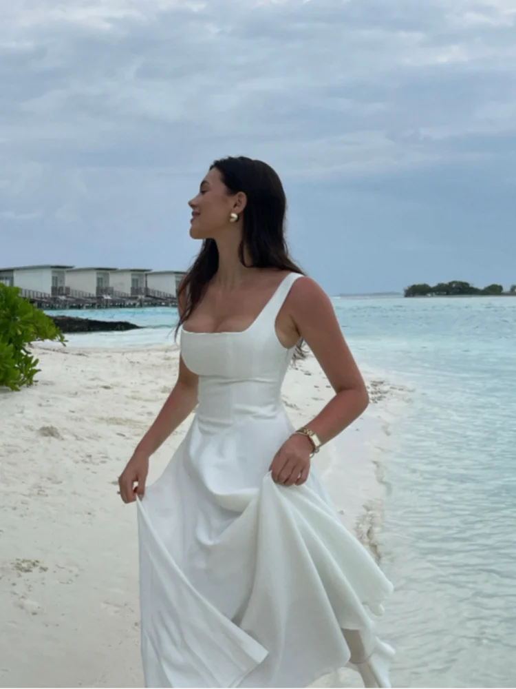 Women's Fashion Elegant White High Waist Square Neck Sleeveless A-line Midi Dress