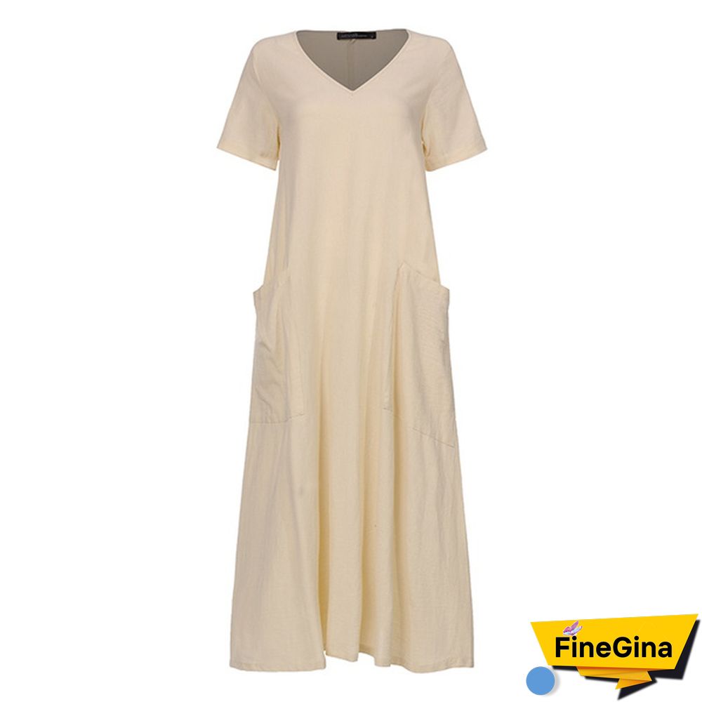 Women V Neck Short Sleeve Dress With Pockets Dress Summer Dress Loose Mid-calf Dress
