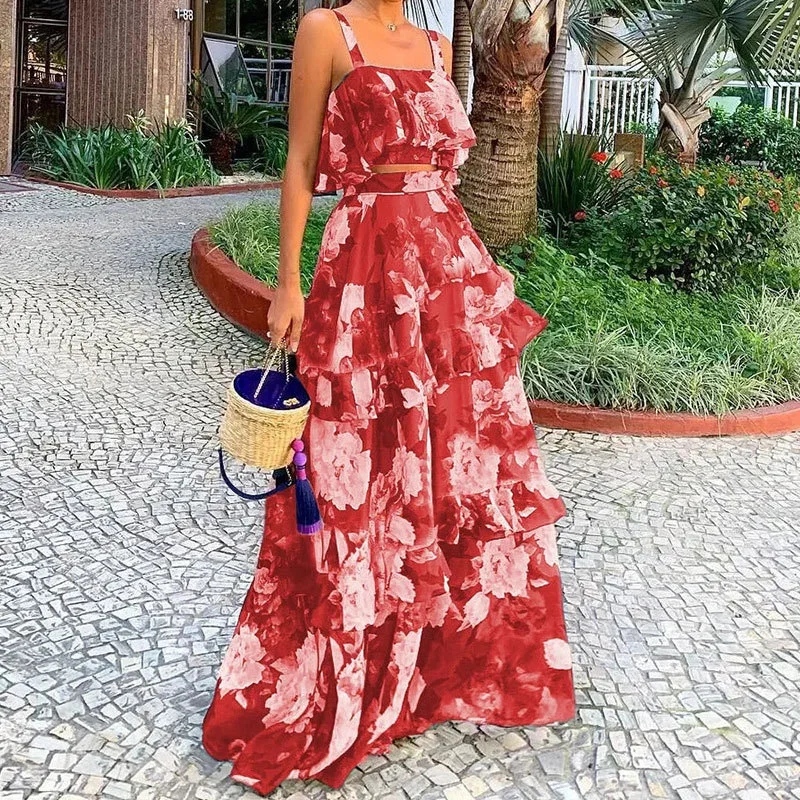 Uveng Uveng 2024 Women's New Fashion Floral Top With Flounce Cake Dress Suit