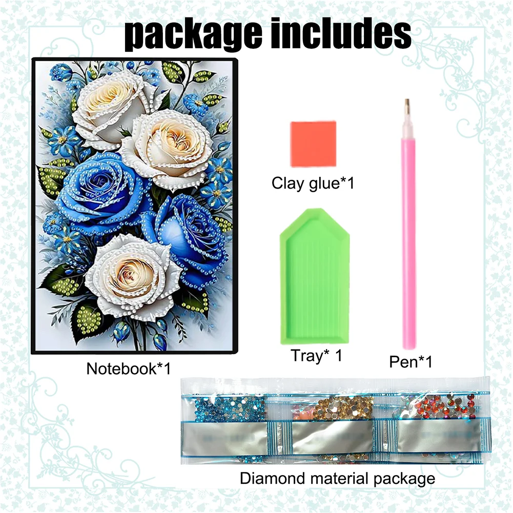 Roses 5D DIY Diamond Art Painting Notebook Kit (50 Pages A5 No Lines) Rhinestone Art Painting Notebook Kit for Adults Beginners Holiday Birthday Gift