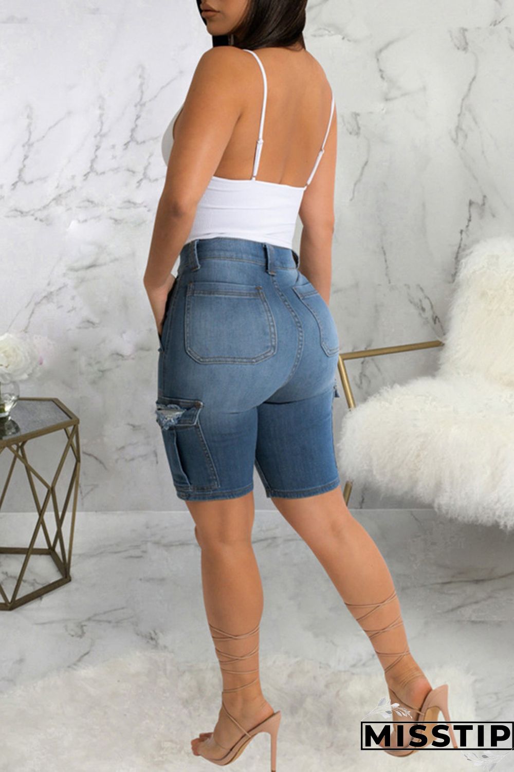 Blue Fashion Casual Patchwork Ripped High Waist Regular Denim Jeans