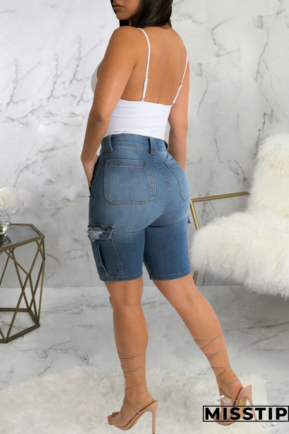 Blue Fashion Casual Patchwork Ripped High Waist Regular Denim Jeans