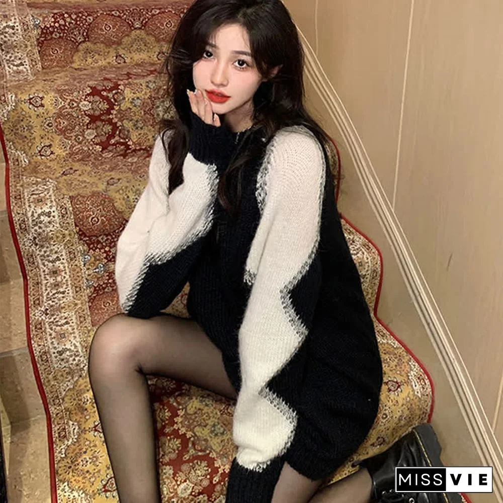 Chic Colorblock Round Collar Knit Loose Sweater