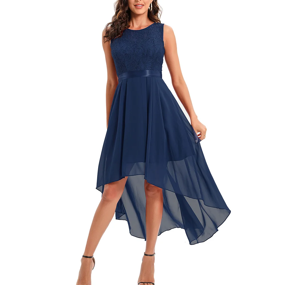 Navy Blue Lace Splicing Sleeveless Party Dress with Belt